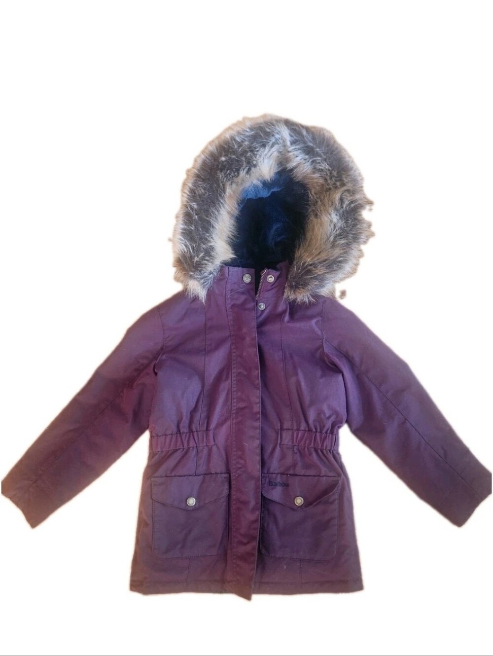 Barbour Girls Cassley Waxed Jacket Burgundy Merlot Parka Hood Sz 6/7 [Small]